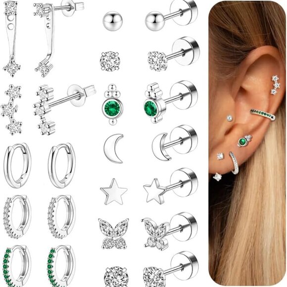 Jewelry - 14K Gold Flat Back Dainty Earrings Set with Cubic Zirconia for Sensitive Ears, M